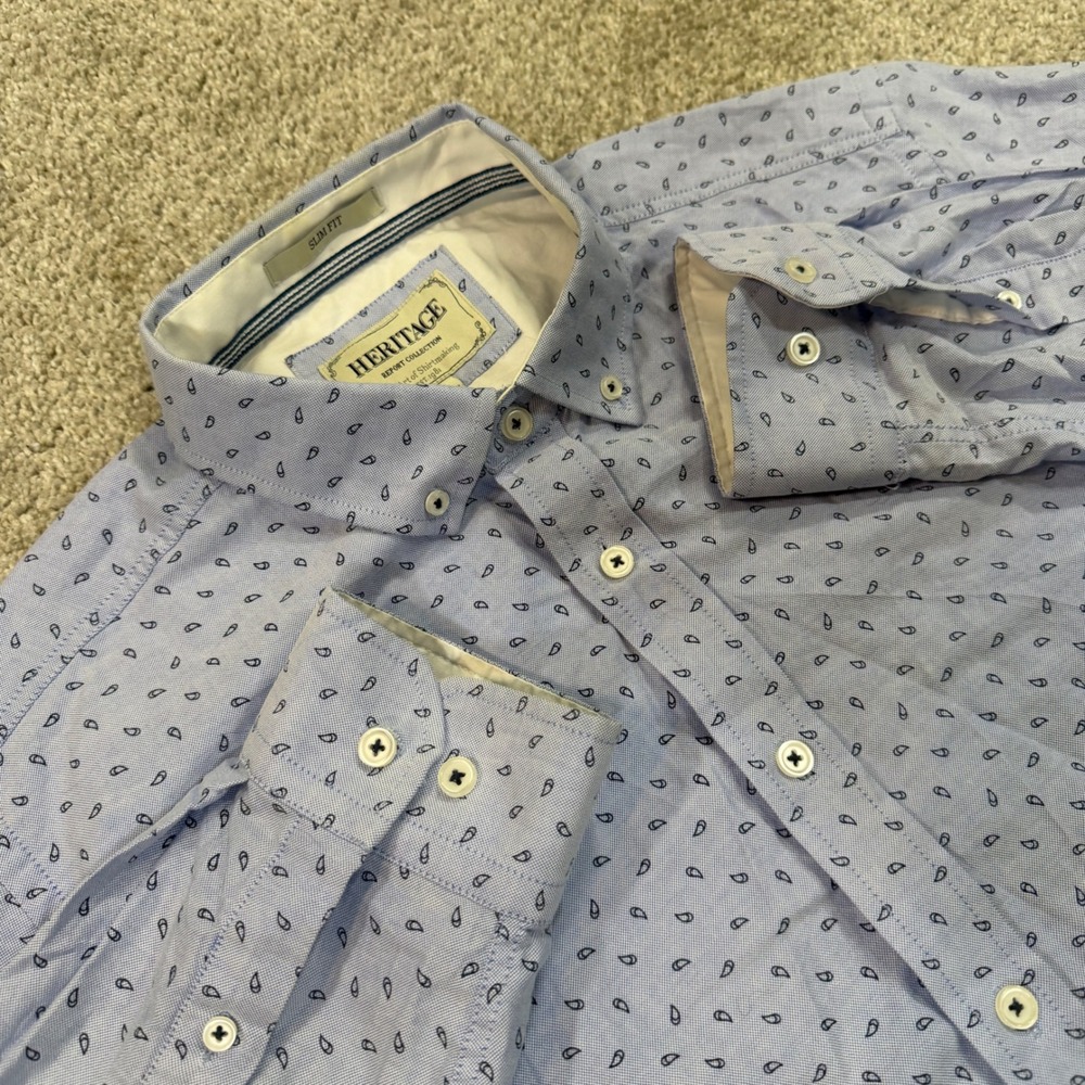 Heritage Report Collection Mens L Slim Fit Blue Paisley Button Down Shirt Casual